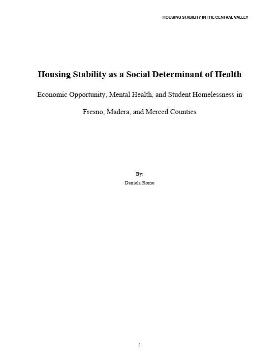 Cover of Daniela Romo's research report, Housing Stability as a Social Determinant of Health